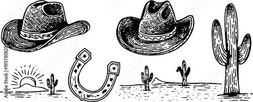 Vintage western collection with cowboy hat, horseshoe, and desert cactus for rustic design projects
