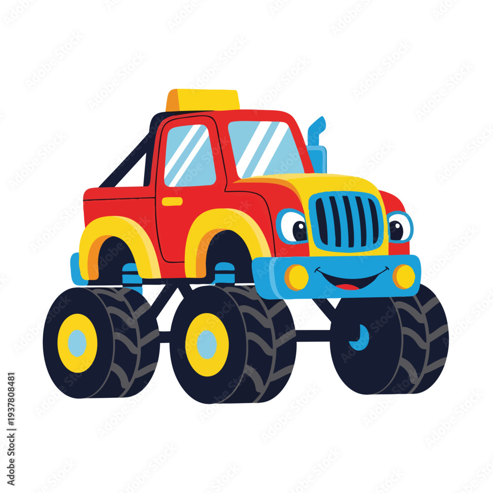 Fototapeta premium A colorful cartoon monster truck vector with large wheels and a smiling face. Perfect for kids, toys, and children's games.