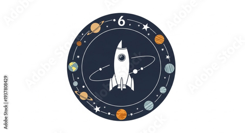 Cartoon rocket ship in space with planets and stars.
