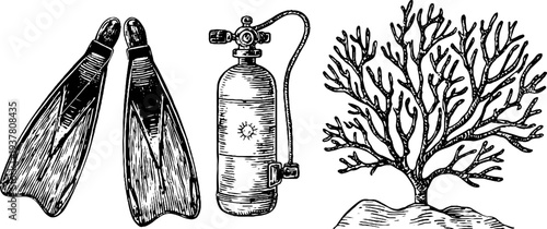 Scuba diving gear with coral reef vintage design for ocean exploration enthusiasts