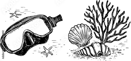 Vintage diver mask and coral reef illustrations for ocean-themed designs
