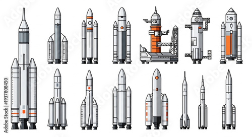 Collection of various rockets and spacecraft illustrations.