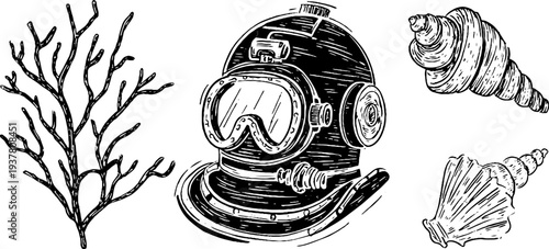 Intricate vintage diver helmet and coral reef set for nautical design projects