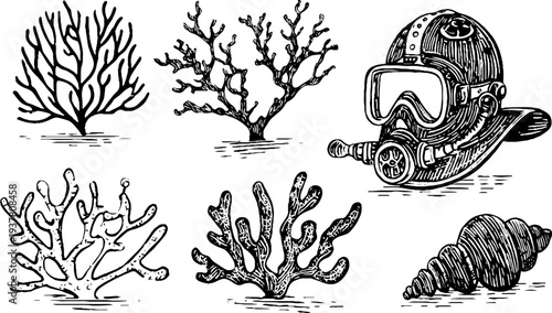 Underwater exploration scene with diver helmet and coral reef elements