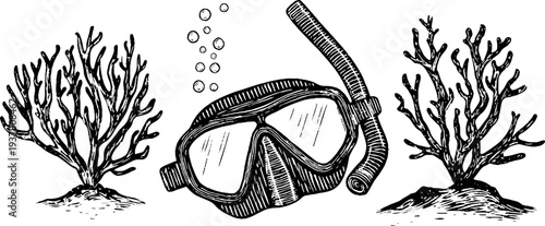 Vintage diving mask with air bubbles and coral silhouette - retro hand drawn design for ocean-themed projects