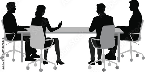 Corporate team discussion at office meeting table, professional business negotiation, teamwork communication, partnership planning concept, people silhouette vector illustration