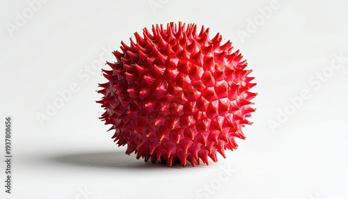 Red spiky ball on white background, close-up studio shot.