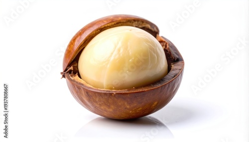 Macadamia Nut in Shell - A Close-Up View on White.