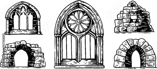 Gothic cathedral windows and arches collection - hand-drawn vintage sketch for design