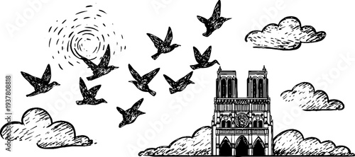 Gothic cathedral façade with intricate detailing and flying birds in silhouette - vintage illustration