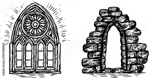 Gothic cathedral window and stone arch set for architectural design