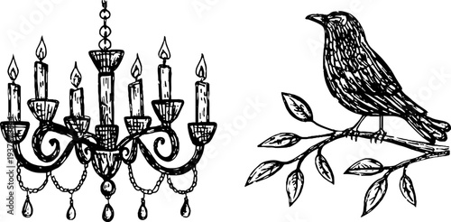 Gothic chandelier and crow on branch illustration for vintage decor and design