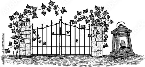 Gothic iron gate with ivy and stone lantern - vintage hand-drawn design for retro decor
