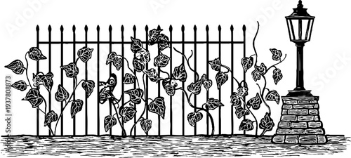 Gothic iron gate with ivy and stone lantern - vintage etching illustration