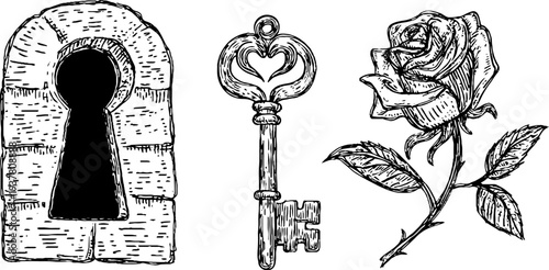 Gothic keyhole and iron key with climbing rose vintage art design for print and decor