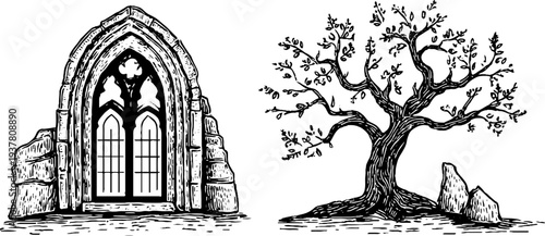 Gothic architecture elements with gargoyle and stained glass design for artistic projects