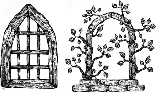 Gothic window arch and iron gate with climbing ivy illustration - vintage architectural design
