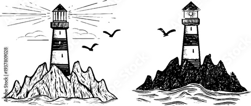 Vintage hand drawn lighthouse set with shining beacons and jagged rocky shorelines