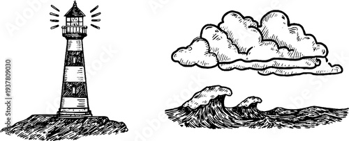 Vintage lighthouse and stormy sea sketch with waves and clouds for nautical design