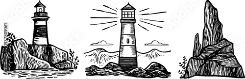 Vintage lighthouse and wave sketch set for nautical design