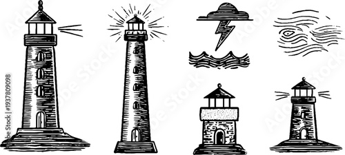 Vintage lighthouse sketches with stormy ocean scenes and lightning bolt for retro design