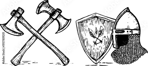 Medieval battle axe and shield emblem set - vintage engraving design for historical themes