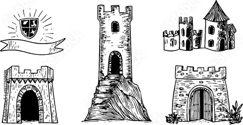 Medieval castle gate and stone tower set with heraldic banner - vintage hand drawn sketch for design