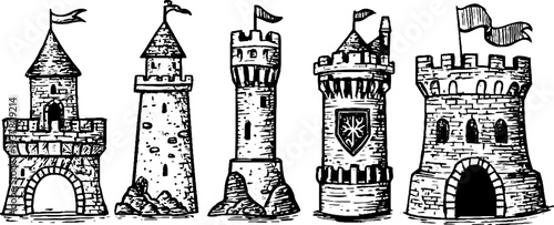 Medieval castle gate and stone tower set with heraldic banners - vintage sketch for design