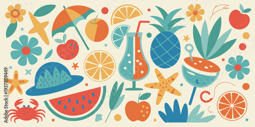 Colorful Summer Illustration Set with Beach Items, Tropical Fruits and Festive Decorations, Playful Vacation Elements for Holiday Graphic Design, Bright Seasonal Vector Collection for Posters, Cards, 