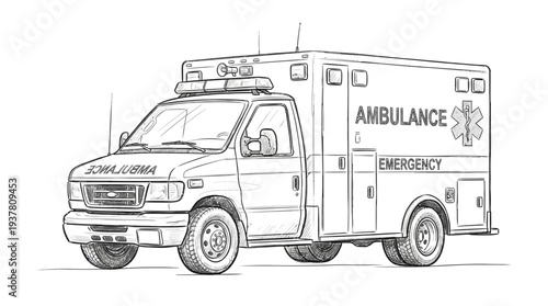Ambulance vehicle sketch, emergency medical transport, line drawing