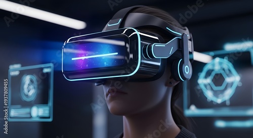 Woman Wearing a Glowing Virtual Reality Headset in a Futuristic Metaverse.