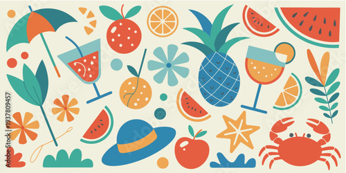 Colorful Summer Illustration Set with Beach Items, Tropical Fruits and Festive Decorations, Playful Vacation Elements for Holiday Graphic Design, Bright Seasonal Vector Collection for Posters, Cards, 