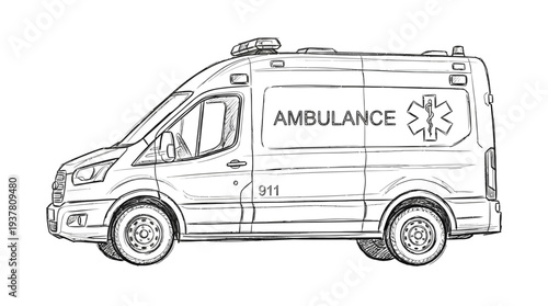 Ambulance vehicle sketch, emergency medical service transport