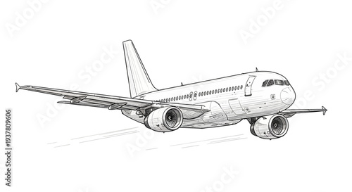 Commercial airplane sketch, side view, isolated on white background