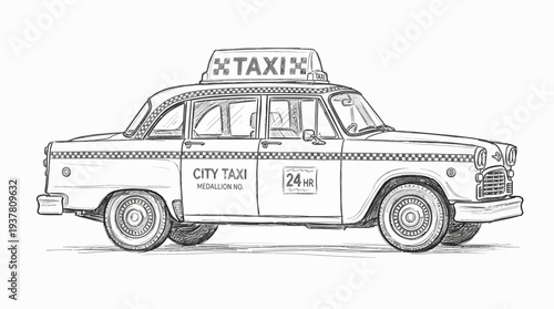 Classic Yellow Taxi Cab Sketch - City Transportation