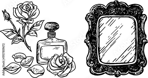Vintage perfume bottle, rose petals, and ornate mirror sketch for retro design