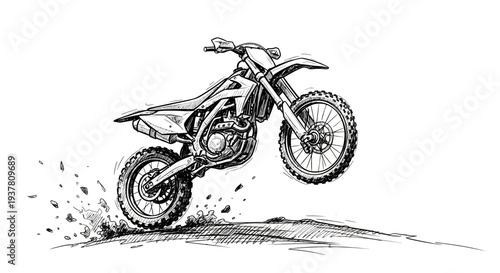 Dirt bike jumping, action illustration, motocross, sketch style, dynamic motion