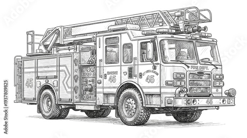 Fire Truck Ladder Vehicle Illustration Drawing