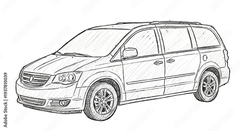 Fototapeta premium Hand-drawn sketch of a modern minivan on a white background