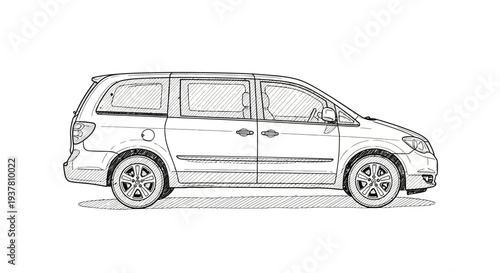 Hand-drawn sketch of a modern minivan on a white background.