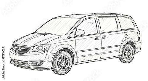 Hand-drawn sketch of a modern minivan on a white background