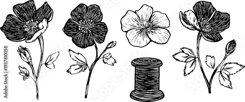 Vintage sewing accessories and floral sketch for design and decoration projects