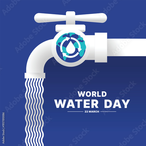 World water day - White tap with globe drod water sign and line water wave falling on blue background vector design