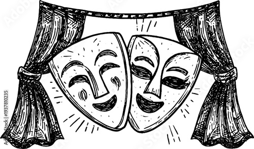 Vintage theater masks of comedy and tragedy with stage curtain for artistic design