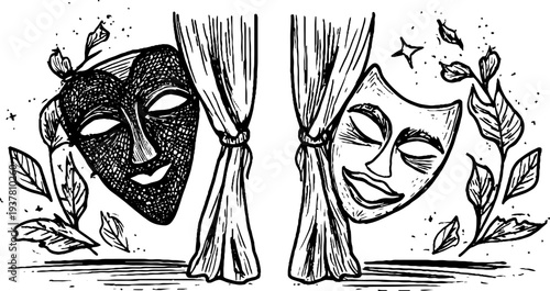 Vintage theater masks with stage curtains - comedy and tragedy sketch for retro design