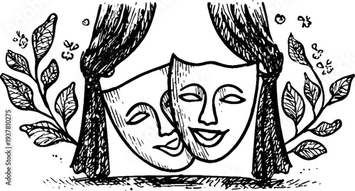 Vintage theater masks of comedy and tragedy with ornate stage curtain design for artistic expression