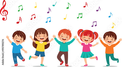 Animated children singing, dancing kids, musical notes, joyful expression, colorful outfits, music fun, treble clef, happy children, playful scene, white background