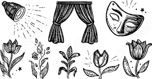 Dramatic theater elements with velvet curtain and stage mask for artistic design