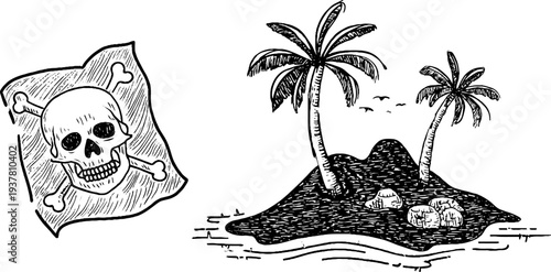 Vintage treasure island map with skull marker and palm trees sketch