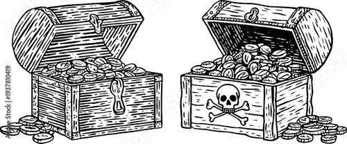Vintage pirate treasure chests with coins and skull emblem - hand drawn sketch for retro design